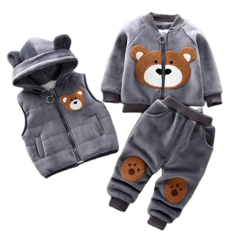 Showlu Fashion Store Autumn Winter Baby Boys Clothes Sets Thick Fleece Cartoon Bear Jacket Vest Pants 3Pcs Cotton Sport Suit For Girls Warm Outfits