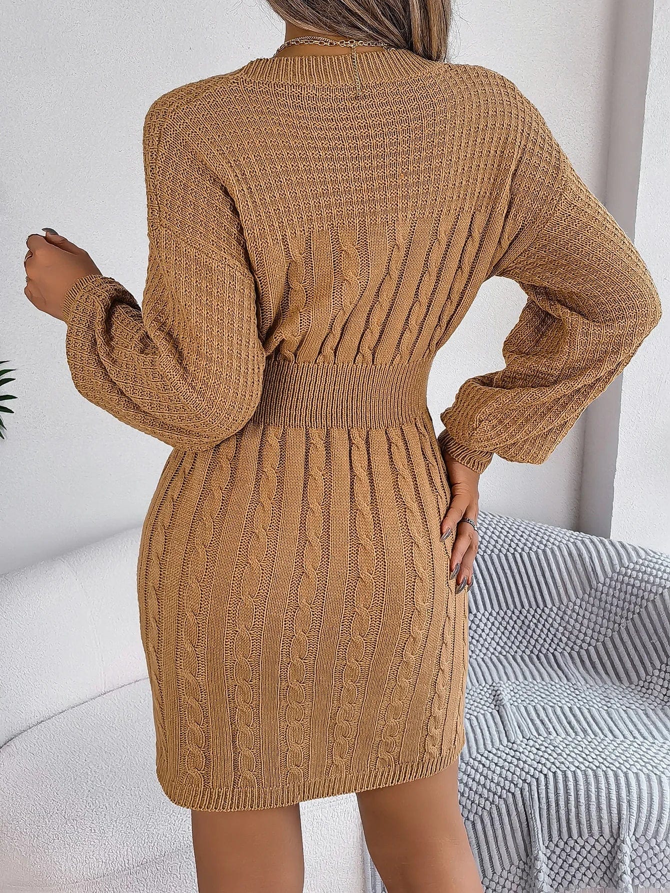 Showlu Fashion Store Autumn Winter Solid Color Woolen Dress O-Neck Lantern Sleeve Hollow Out Knitted Dresses for Women Fashion Casual Vestidos