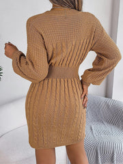 Showlu Fashion Store Autumn Winter Solid Color Woolen Dress O-Neck Lantern Sleeve Hollow Out Knitted Dresses for Women Fashion Casual Vestidos