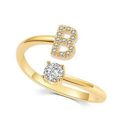 Showlu Fashion Store B A-Z Letter Initial Name Open Rings for Women Men  gold plated Zircon Stone Alphabet Rings Couple Friendship Jewelry Gift