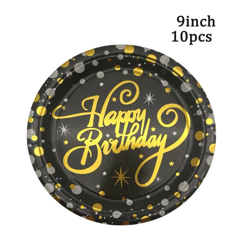 Showlu Fashion Store B Black Gold Happy Birthday Disposable Tableware Paper Plates Cups Napkins For Men Women Adult Birthday Party Anniversary Supplies