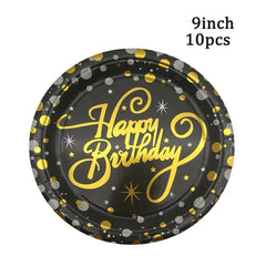 Showlu Fashion Store B Black Gold Happy Birthday Disposable Tableware Paper Plates Cups Napkins For Men Women Adult Birthday Party Anniversary Supplies