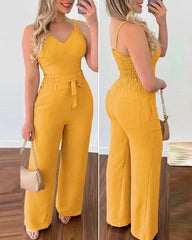 Showlu Fashion Store B / XL 2023 Summer Woman Long Jumpsuits Elegant Sexy V-Neck Shirred Cami Top & High Waist Pants Set New Fashion Casual One Pieces