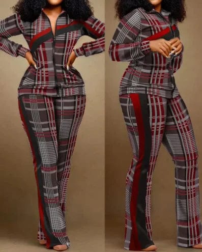 SHOWLU FASHION STORE B / XL Two Piece Set Women Outfit 2023 Autumn Fashion Geometric Print Stand Collar Long Sleeve Zip Up Top & Casual Sporty Pants Set