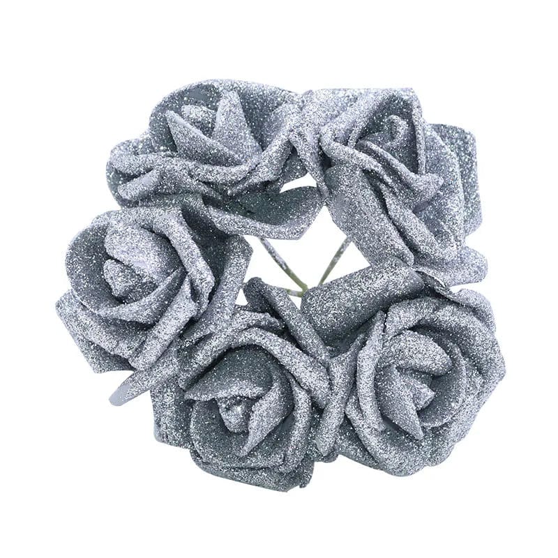 Showlu Fashion Store B02 silver 20pcs 6cm Gold Silver Rose Flower Head Glitter Foam Artificial Flowers Rose Bouquet DIY Wreath Wedding Decoration Decor Supplies