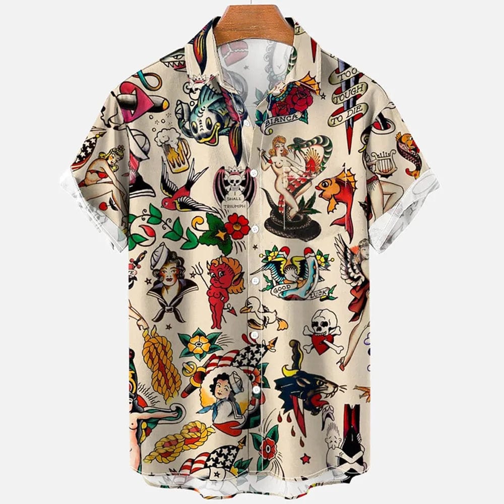 Men's Hawaiian beach shirt by SHOWLU FASHION STORE featuring an abstract print, short sleeves, casual summer streetwear style.