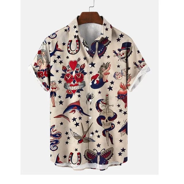 Men's Hawaiian beach shirt by SHOWLU FASHION with abstract 3D print, short sleeves, casual streetwear style, perfect for summer.