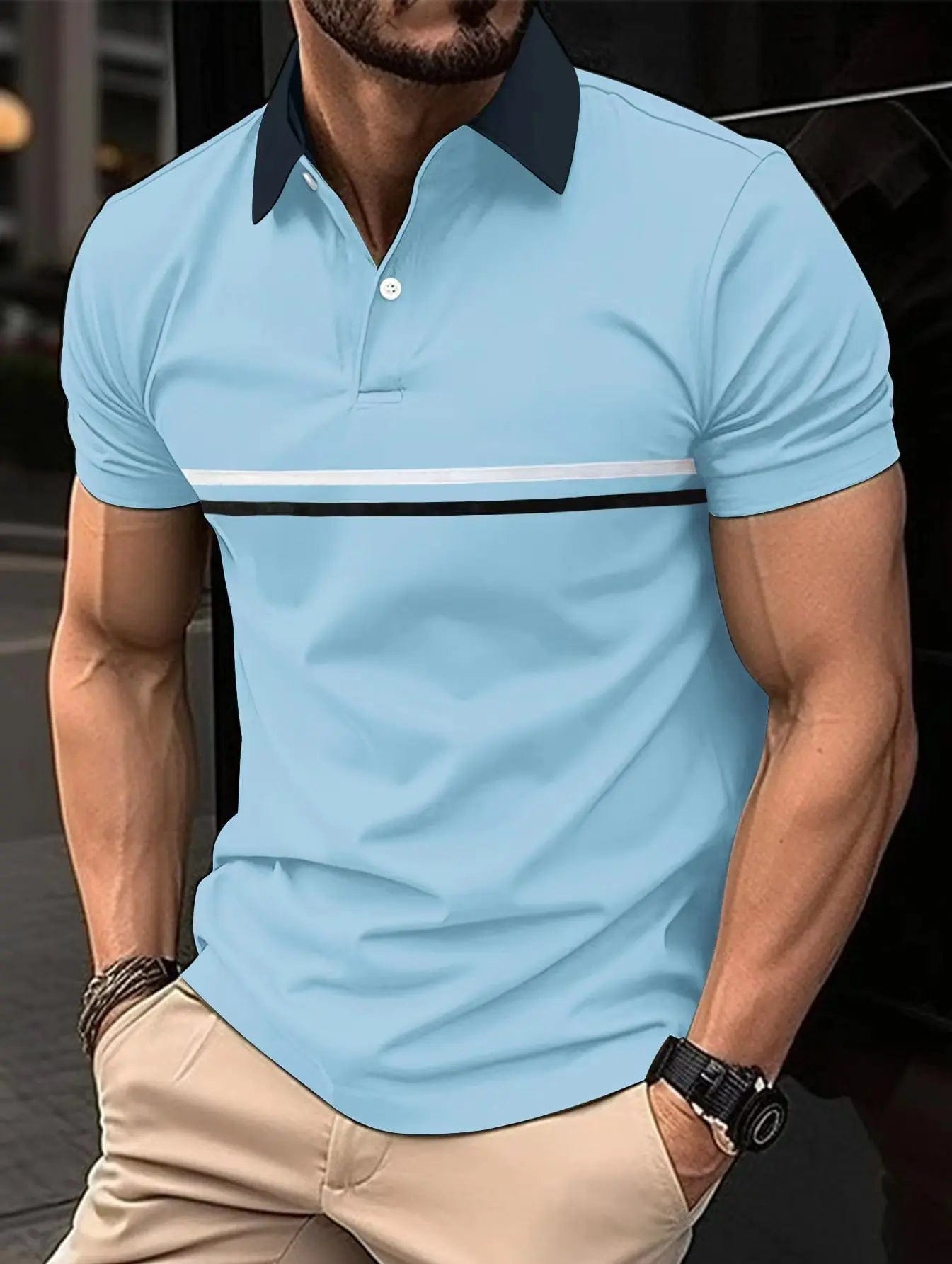 Showlu Fashion Store Baby blue / S Best-selling men's casual Polo shirt spring and summer lapel button splicing men slim golf street wear