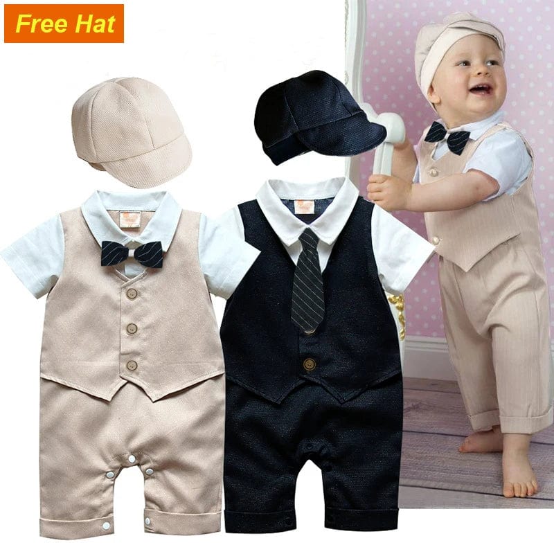 Showlu Fashion Store Baby Boy Clothes Roupa Infantil Romper Cotton Gentleman Baptism Rompers + Hat 2pcs Newborn Clothes Set Uniforms Baby Body Suits