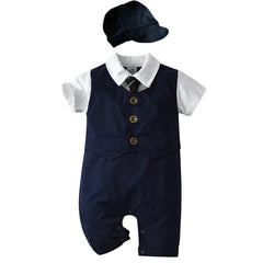 Showlu Fashion Store Baby Boy Clothes Roupa Infantil Romper Cotton Gentleman Baptism Rompers + Hat 2pcs Newborn Clothes Set Uniforms Baby Body Suits