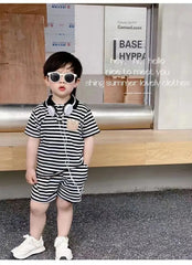 Showlu Fashion Store Baby boys clothes short sleeve suit suitable for children aged 0-5 Little girls clothing Fashion Stripe pattern suits kids cloth