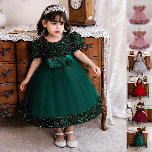 Showlu Fashion Store Baby Girl Baptism Newborn Green Sequin Big Bow Flower Toddler Party Summer Dress Kids Christening Children Princess Ball Gown