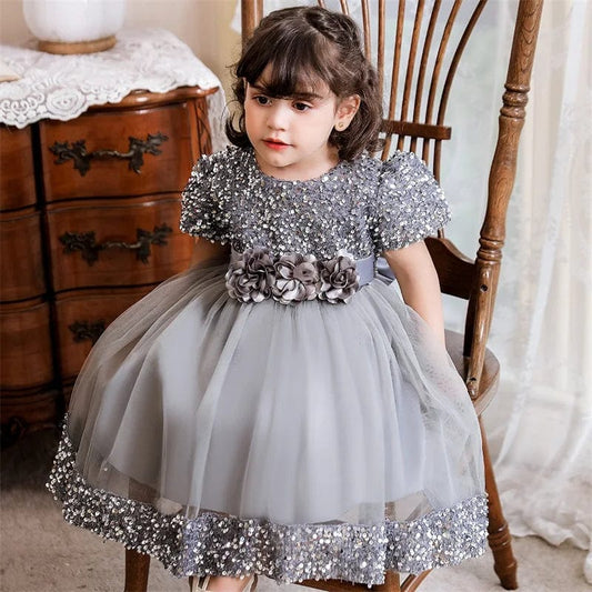 Showlu Fashion Store Baby Girl Baptism Newborn Green Sequin Big Bow Flower Toddler Party Summer Dress Kids Christening Children Princess Ball Gown