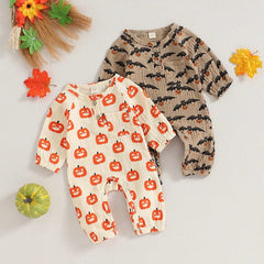 Showlu Fashion Store Baby Jumpsuit Long Sleeve Crew Neck Pumpkin Bat Print Newborn Romper Halloween Baby Clothes for Girls Boys