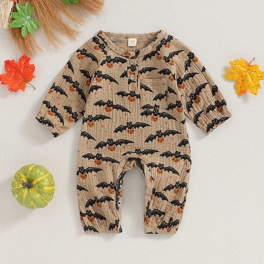 Showlu Fashion Store Baby Jumpsuit Long Sleeve Crew Neck Pumpkin Bat Print Newborn Romper Halloween Baby Clothes for Girls Boys