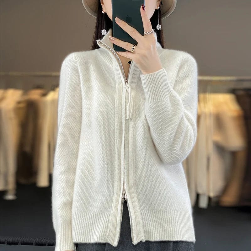 SHOWLU FASHION STORE bai / L / CHINA High Quality 100% Wool Women's Cardigan Standing Collar Bidirectional Zipper  Cashmere Sweater Autumn and Winter Sweater Jacket