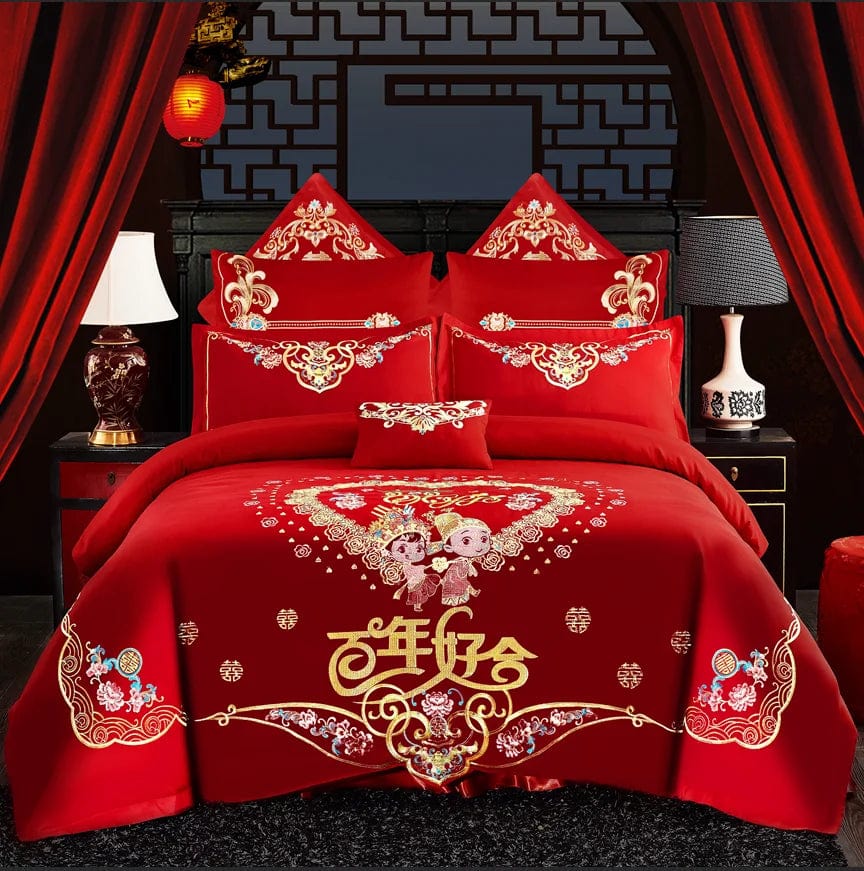 SHOWLU FASHION STORE BaiNian-HH / set / King Chinese wedding four-piece set big red embroidered newlywed bedding wedding festive set dragon and phoenix quilt embroidered bedding bed sheets quilt cover