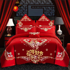 SHOWLU FASHION STORE BaiNian-HH / set / King Chinese wedding four-piece set big red embroidered newlywed bedding wedding festive set dragon and phoenix quilt embroidered bedding bed sheets quilt cover