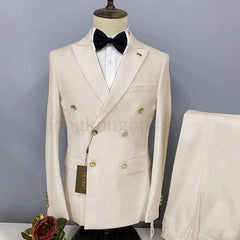 SHOWLU FASHION STORE Beige / Asian XL is US S 2 Pcs Suit Set Blazers Jacket Pants / Fashion Men Casual Business Pure Color Double Breasted Groom Wedding Formal Dress Suit