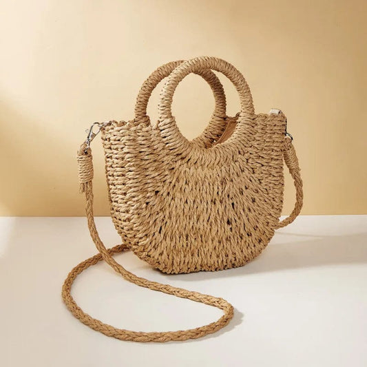  Showlu Fashion Store beige Handwoven Straw Rattan Half-Moon Beach Handbag Large Capacity Women Summer Hollow Out Crossbody Shoulder Bag