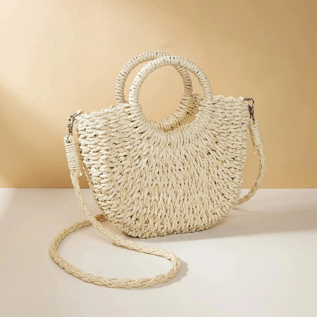  Showlu Fashion Store beige Handwoven Straw Rattan Half-Moon Beach Handbag Large Capacity Women Summer Hollow Out Crossbody Shoulder Bag