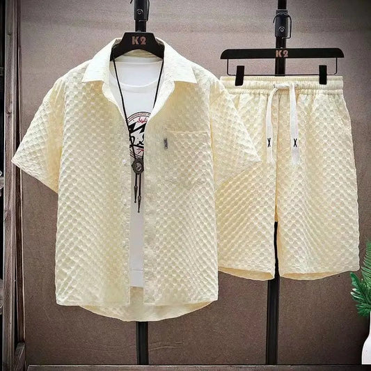  Showlu Fashion Store Beige / L 51-59kg Summer Men Sets Casual Oversize Plaid Lapel Short Shirts Shorts Two-Piece Casual Solid Short Sleeve Loose Fashion Streetwear