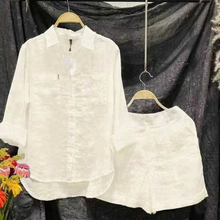 Showlu Fashion Women's beige cotton linen 2-piece set with long sleeve shirt and shorts, perfect for casual summer wear.