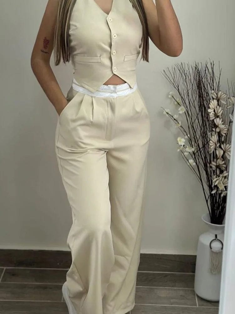 SHOWLU FASHION STORE Beige / XL Fashion Casual Sexy Elegant V Neck Buttoned Vest Top Two Piece Sets Solid Pocket Straight Pants Womens 2024 New Summer Pant Sets