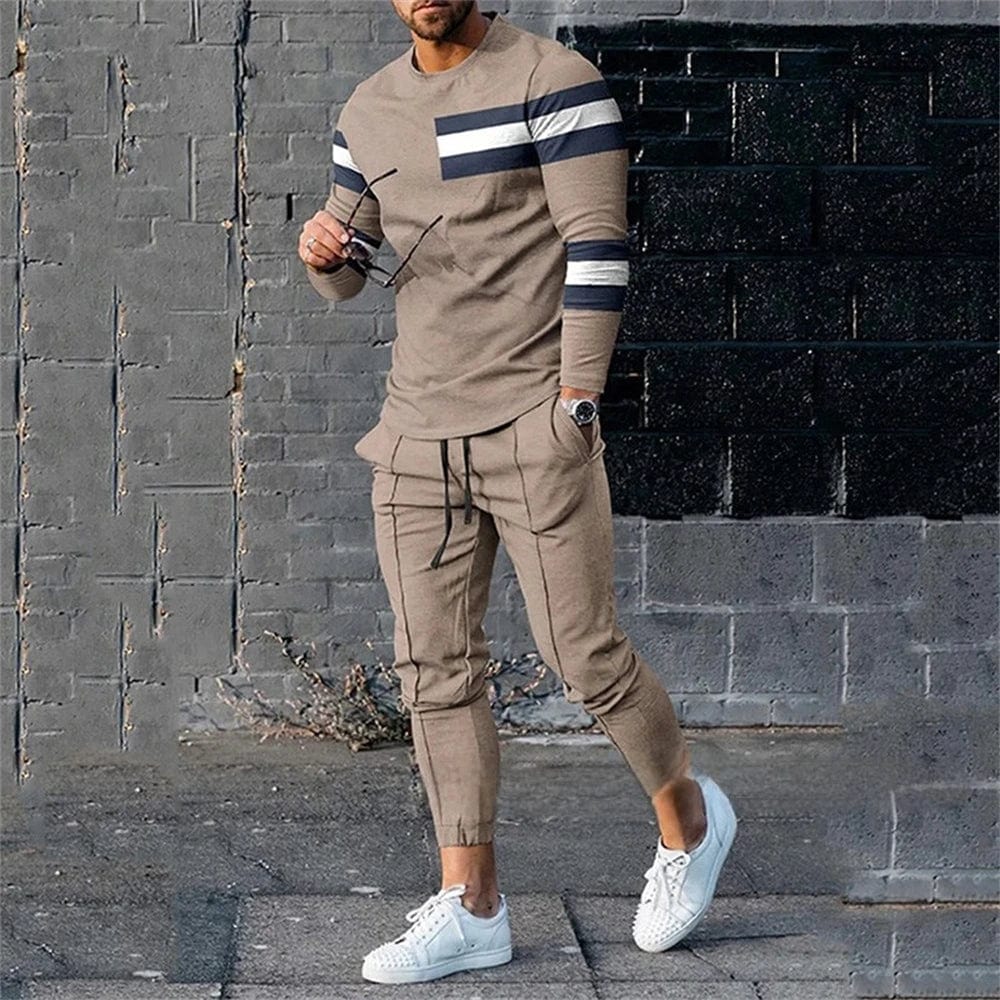 SHOWLU FASHION STORE Beige / XXXL Men Spring And Autumn Vintage Tracksuit Casual long Sleeve T-Shirt+Pants Suit two-Piece Set Man Clothing 2024 Street Sportswear