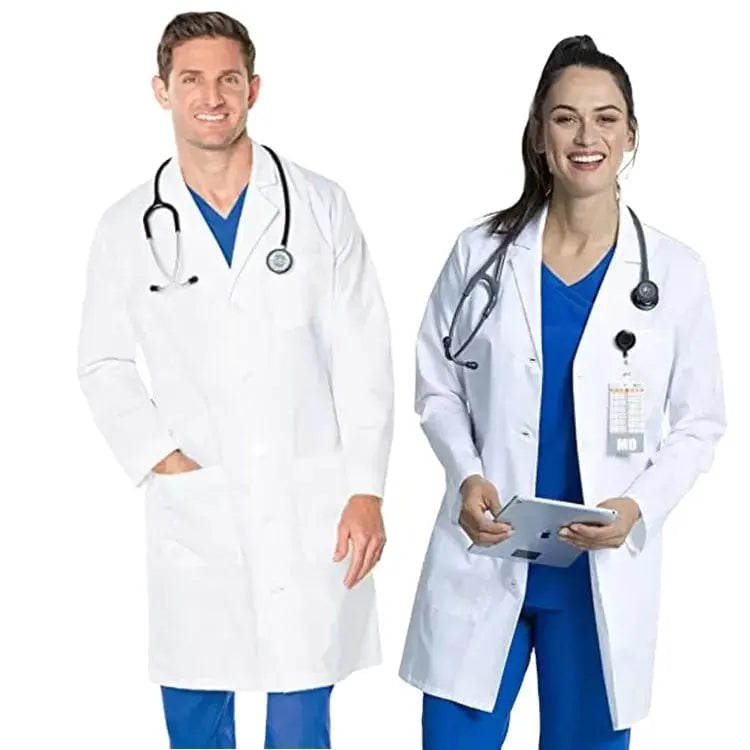 Unisex Showlu Medical Lab Coat with custom logo, ideal for doctors and nurses, in a professional hospital setting.