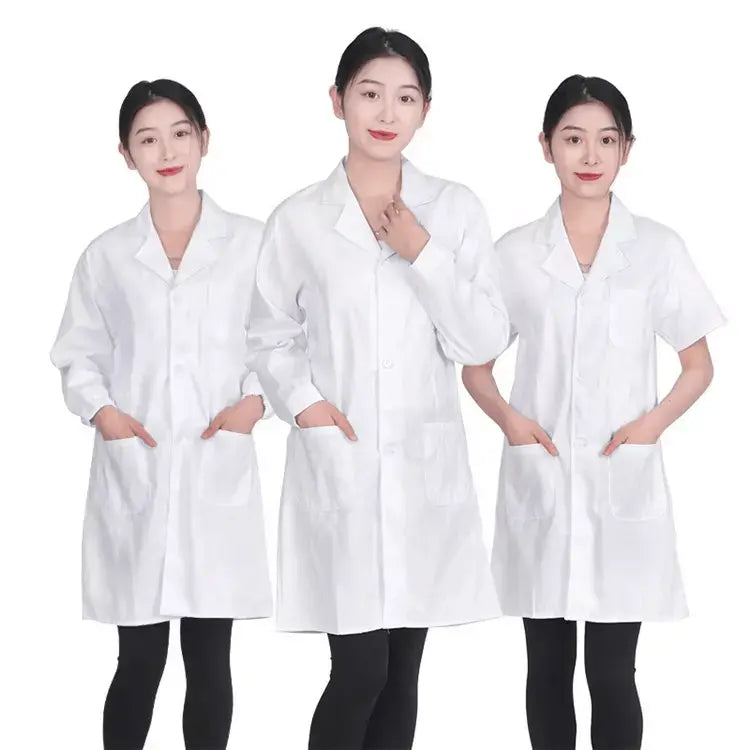 Unisex Showlu medical lab coat with custom logo, hospital doctor and nurse scrubs, professional medical uniform, front view.