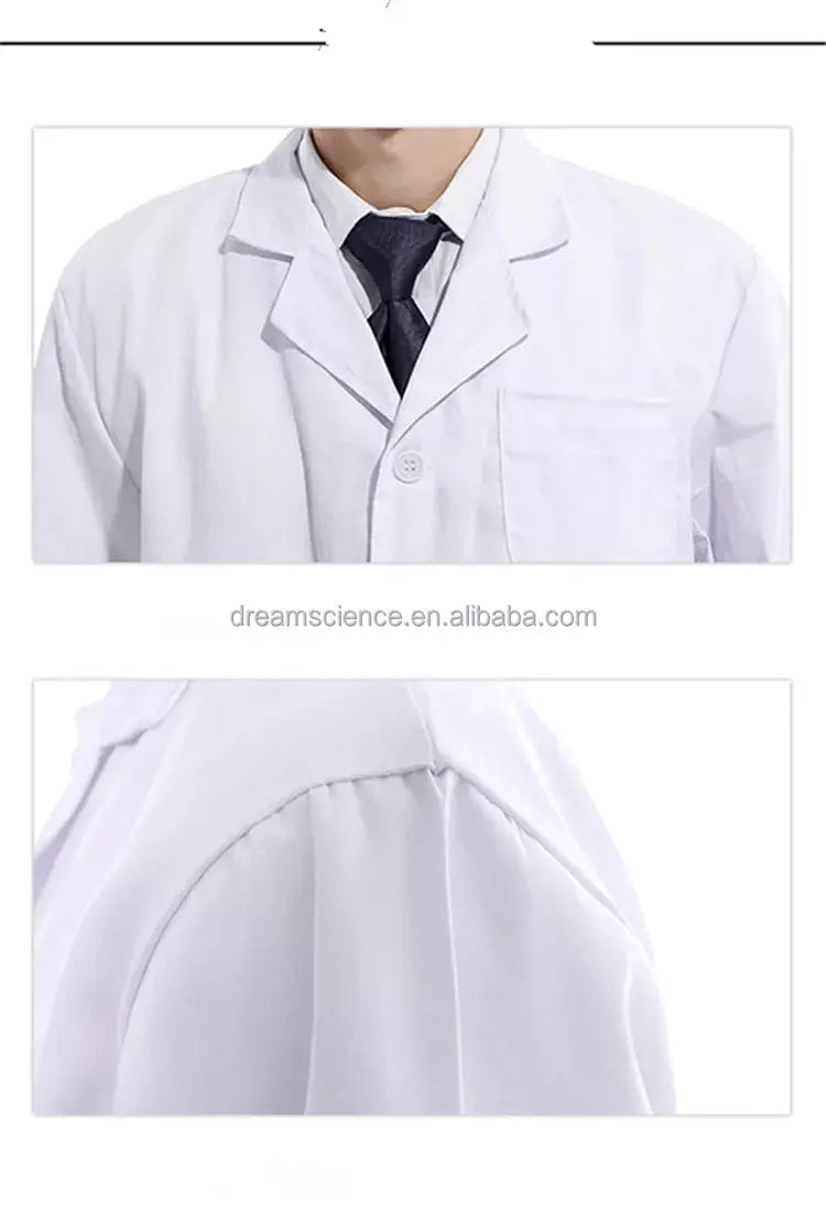 Unisex Showlu medical lab coat with custom logo, ideal for hospital doctors and nurses, featuring professional hospital scrubs design.