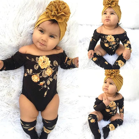 Showlu Fashion Store black / 12M Baby Golden Flower Print Romper 3PCS Newborn Girl Off Shoulder Romper+Leg Warmers Outfit Clothes Set Baby Clothing