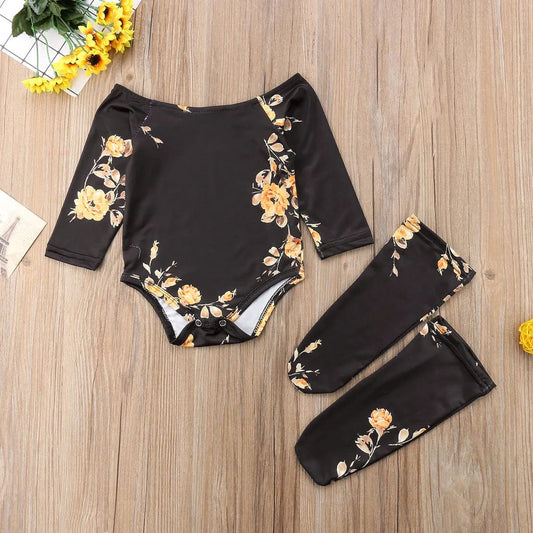 Showlu Fashion Store black / 12M Baby Golden Flower Print Romper 3PCS Newborn Girl Off Shoulder Romper+Leg Warmers Outfit Clothes Set Baby Clothing