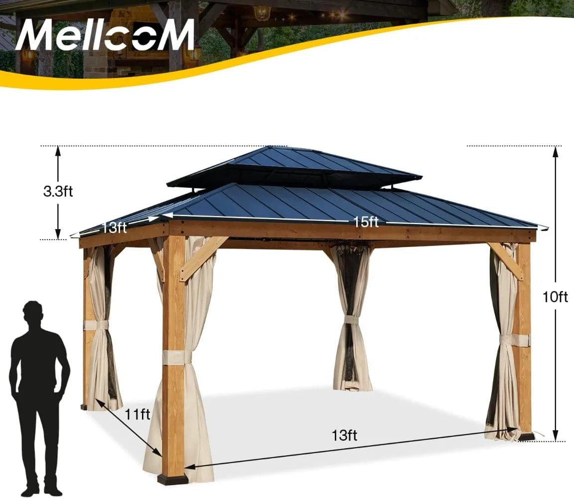 Showlu Fashion Store Black / 13 x 15 FT / United States 13' x 15' Outdoor Hardtop Gazebo, Cedar Wood Framed Gazebo with Powder Coated Metal Roof for Gardens, Patios, Lawns