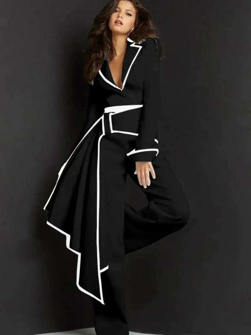 White women's V-neck blazer jumpsuit by SHOWLU FASHION STORE, tailored party suit with belt, stylish and elegant for special occasions.