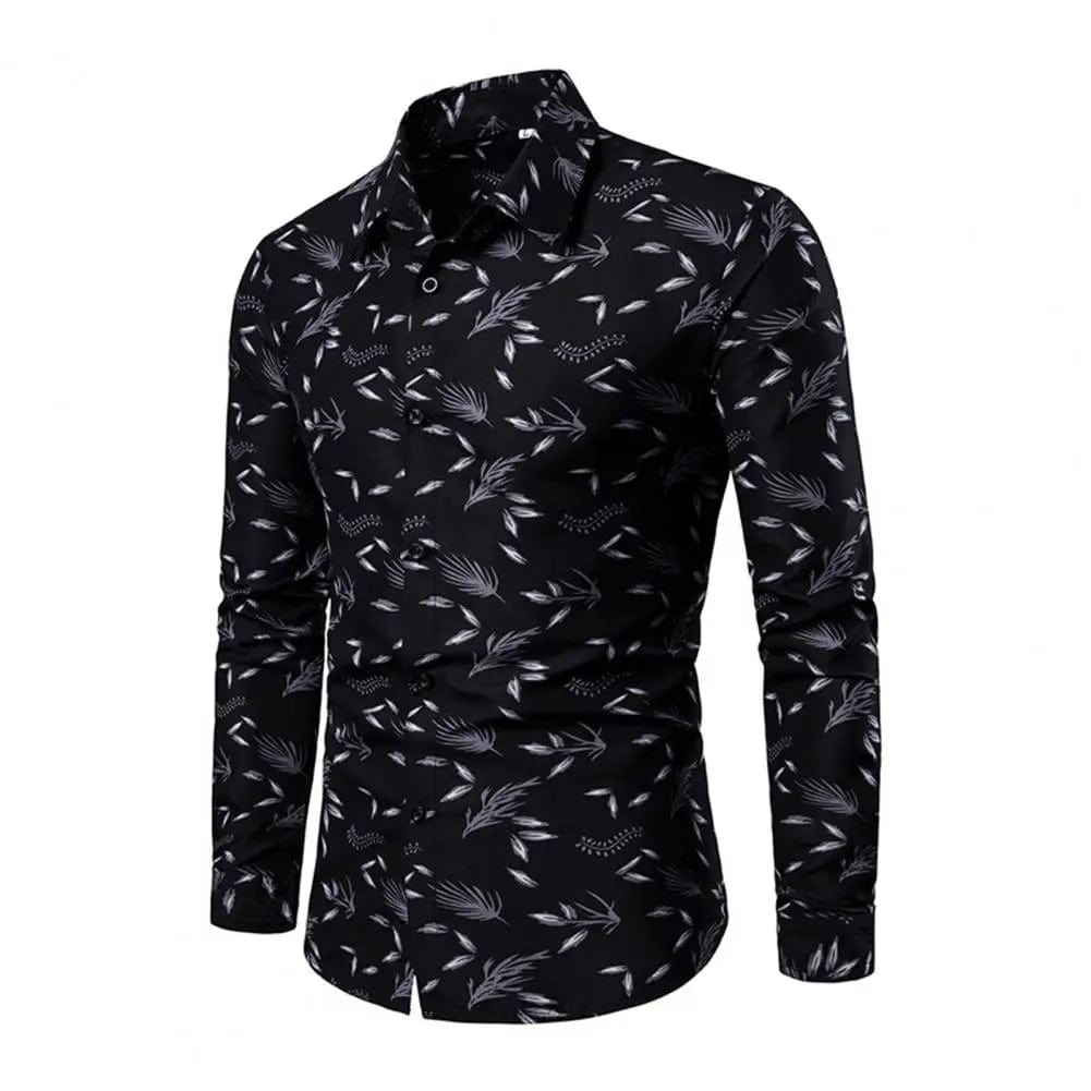 SHOWLU FASHION STORE black / 2XL Men Shirt Leaf Print Single-breasted Streetwear Slim-fitting Buttoned Shirt for Spring Summer Autumn Winter