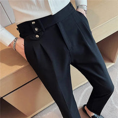 SHOWLU FASHION STORE Black / 31 / CHINA Spring Autumn Men High Waist Belt Design Casual Slim Formal Dress Pant Men Social Office Wedding Party Dress Suit Pants