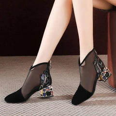  Showlu Fashion Store black / 35 New Mesh Sandals Boots Women Mesh Ankle Boot for Summer Mid Heel Rhinestone Ponited Toe Shoes Hollow Out Back Zip Black Pumps