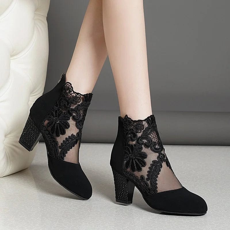 Showlu Fashion Store black / 36 2023 New Fashion Women High Heels Lace Flower Ankle Strap Hollow Out Sandals Round Toe Zip Pumps Zapatos De Mujer