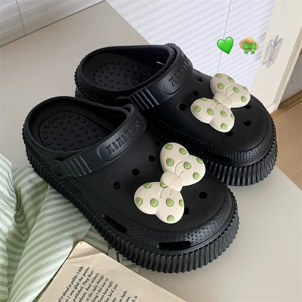  Showlu Fashion Store Black / 36-37 Thin Strips Student Outer Wear Fairy Style Bowknot Two-Way Beach Shoes Women's Non-Slip Muffin Platform Coros Shoes Summer