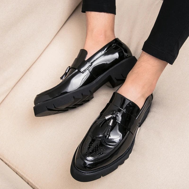  Showlu Fashion Store Black / 44 Fashion Golden Men's Casual Slip-On Tassel Patent Loafers Thick Bottom Elevator Shoes Men's Party Shoes Business Shoes Brogue