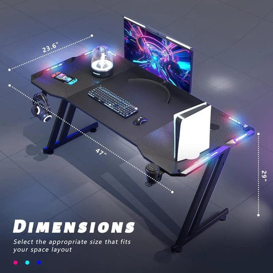 SHOWLU FASHION STORE black 47 Inch / United States 47 Inch Gaming Desk with LED Lights Carbon Fibre Surface Gaming Table Large Computer Desk Ergonomic Home Office Desks Z Shaped