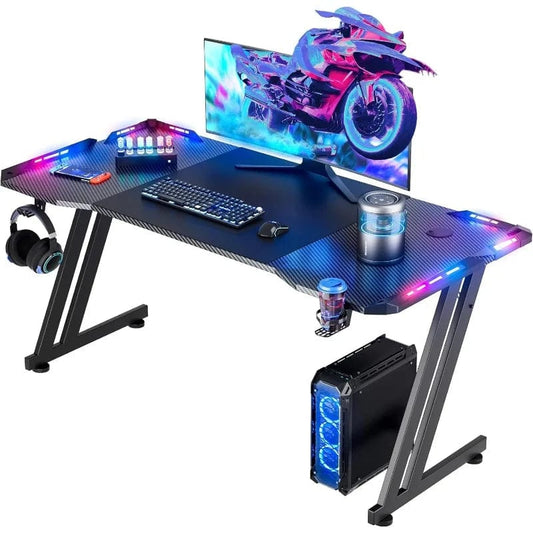 SHOWLU FASHION STORE black 47 Inch / United States 47 Inch Gaming Desk with LED Lights Carbon Fibre Surface Gaming Table Large Computer Desk Ergonomic Home Office Desks Z Shaped