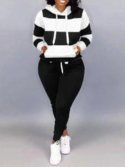 SHOWLU FASHION STORE black / 4XL LW Plus Size Sporty Hooded Collar Striped Tracksuit Set Black White Patchwork Kangaroo Pocket Design Tracksuit Sportswear Set