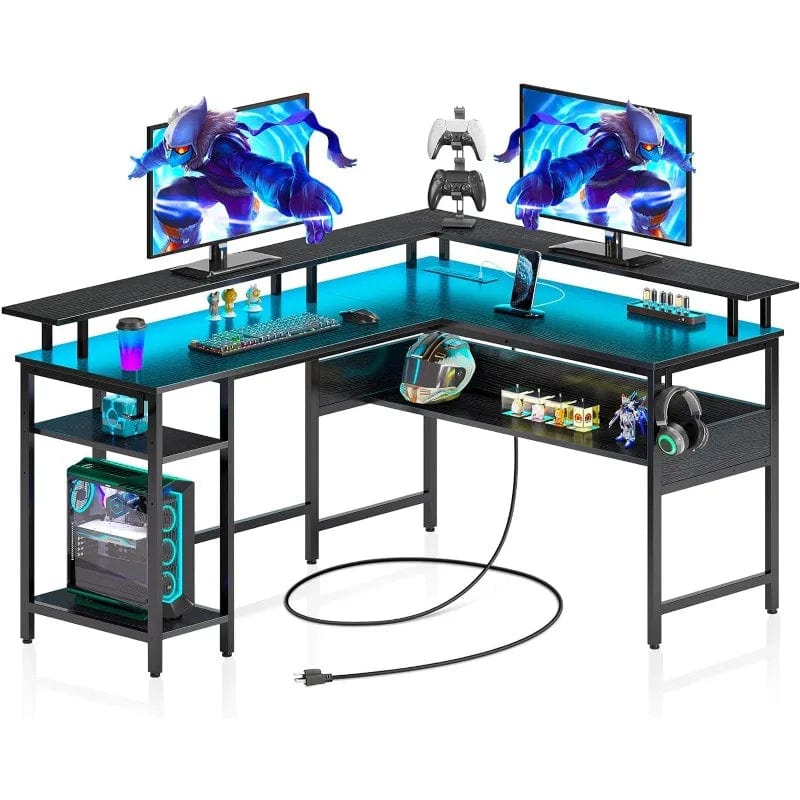 SHOWLU FASHION STORE Black-56.7 inch / United States Computer Desk L Shaped 56.7" with LED Lights and Power Outlets, Reversible L Shaped Gaming Desk with Monitor Stand