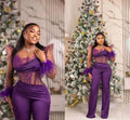 SHOWLU Purple Arabic Aso Ebi jumpsuit with feather long sleeves, illusion neckline, and wide-leg pants, stylish African evening gown.