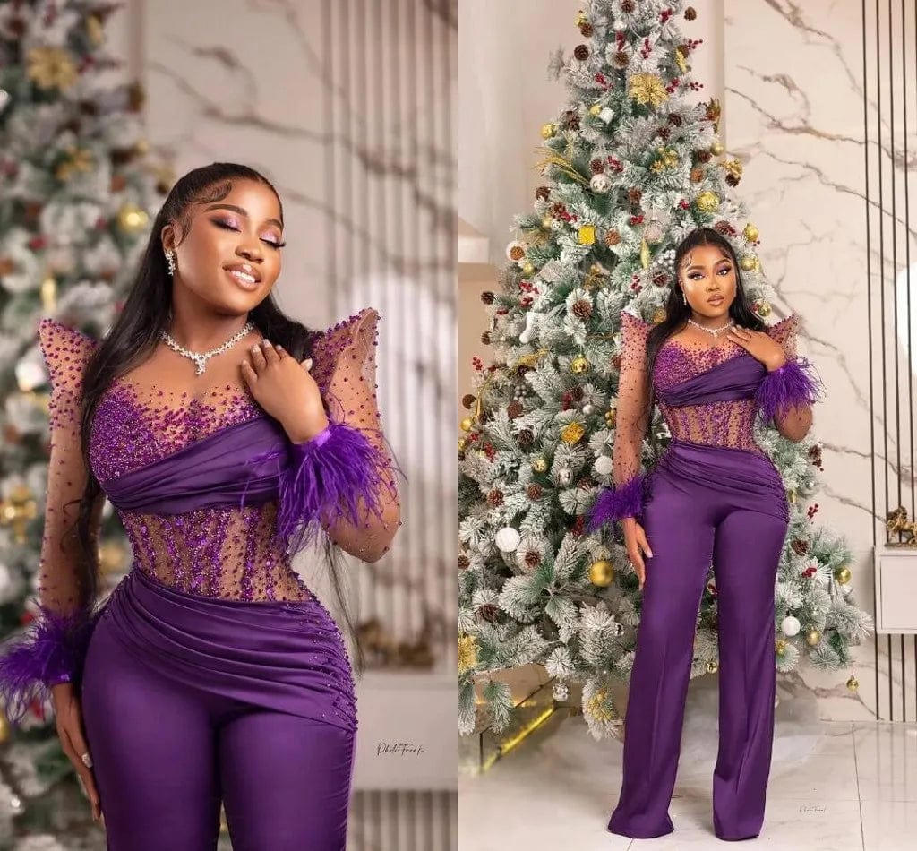 SHOWLU Purple Arabic Aso Ebi jumpsuit with feather long sleeves, illusion neckline, and wide-leg pants, stylish African evening gown.