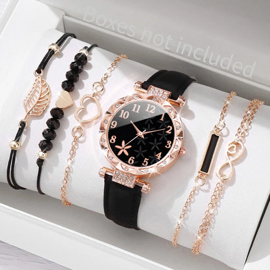 Showlu Fashion Store black 6pcs set 6PCS/Set Fashion Rhinestone Women Watches Heart Leaf Bracelets Set Female Flower Dial Leather Band Quartz Watch（Without Box）