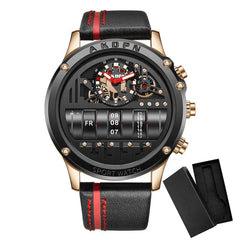 Showlu Fashion Store black and box Business Casual watch for men Creative Men WristWatch Unique Rotate Date Leather Strap Quartz Watch Male Military Sport Clock